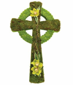 Celtic Cross Flower Tribute. Celtic cross-shaped floral tribute featuring green Chrysanthemums and Cymbidium Orchids, designed for a meaningful memorial display.