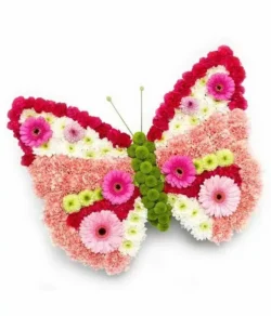 Butterfly Flower Tribute featuring pink Gerbera and Germini, white Chrysanthemums, and Carnations in cerise, green, and lavender.