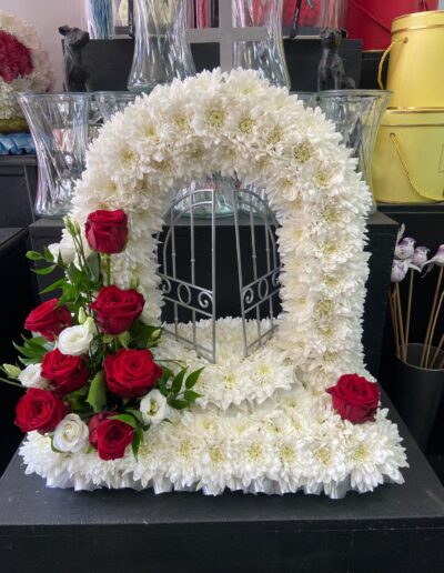 Rose Red And White Pearly Gates Funeral Tribute